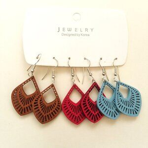 Wood Earrings 3pr Hollow Cut out Boho Dangle Boho Carved Hippie Trendy Stylish